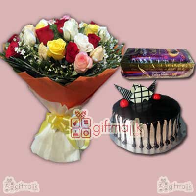 Beautiful Bunch with Cake and Chocolate Basket