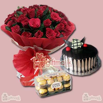 send combo of roses cake chocolates