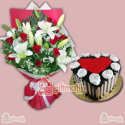 fresh lily and roses beautiful arrangement with choco vanilla cake