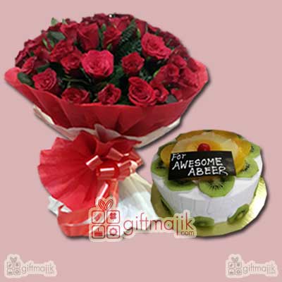 Send Special Bunch of 50 Roses Paper Packed with half kg Fresh Fruits Cake