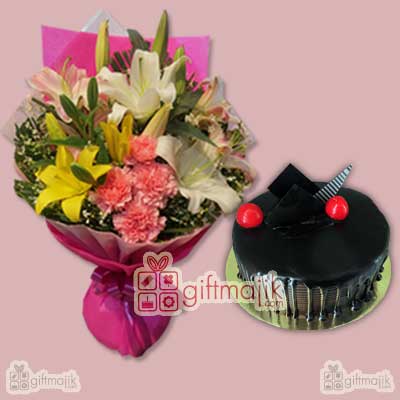 Beautiful lily carnation bunch with half kg chocolate truffle cake