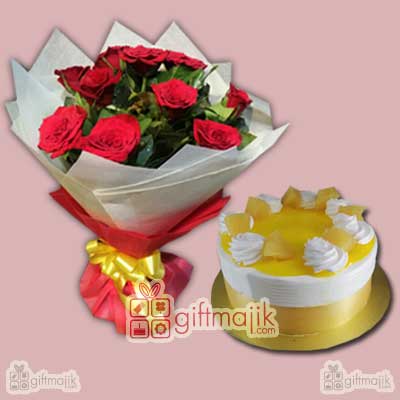 Buy 12 Red Roses Bold Bunch and Half Kg Chocolate Fresh Fruit Cake