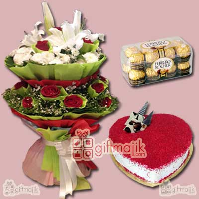 Send Beautiful Assorted Bunch of Flowers with 1 kg Cake and Mix Chocolate  basket