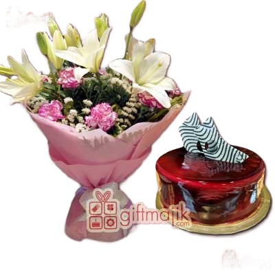 Blueberry cake and assorted lily carnation flowers