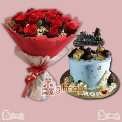 send chocolate loaded cake with red roses bunch