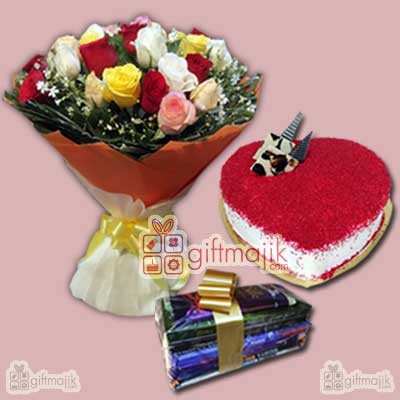 Send Mix Chocolates Pack with 25 Mix Roses bunch and Red Velvet Heart Shape Cake half kg
