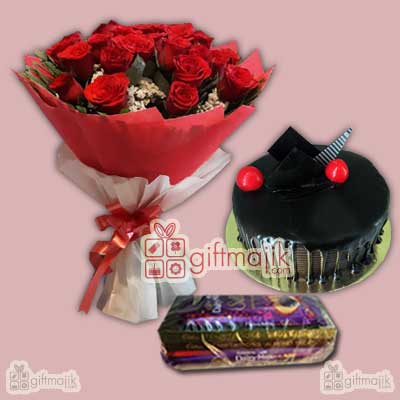 Red Roses Bunch Chocolate Truffle Cake an Chocolates Basket