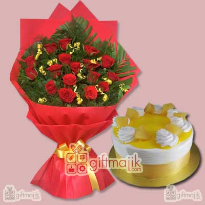 Send Beautiful Bunch of 40 Rose Flowers and Pineapple Delight Cake