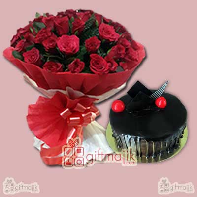 Send Bunch of 50 Roses Specially packed in Paper packed with Chocolate Truffle cake half kg