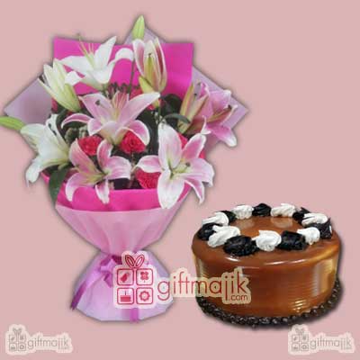 Send bunch of mix lilies and caramel cake