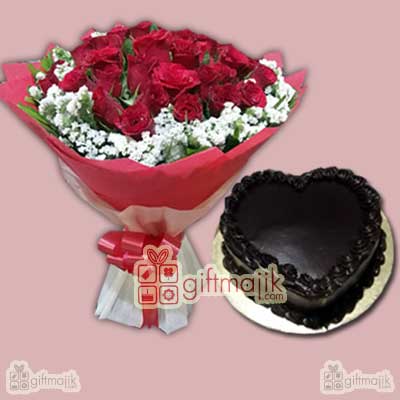 Send Chocolate Truffle cake 1 kg with Beautiful bunch of 65 Red Roses