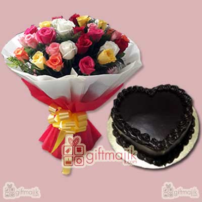 Send One Kg Chocolate Truffle Cake with Flower Bunch Of 25 Mix Roses beautifully paper packed