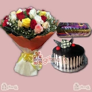 Beautiful Bunch with Cake and Chocolate Basket