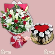 fresh lily and roses beautiful arrangement with choco vanilla cake