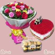send red velvet cake with 25 mix roses bunch and ferrero rocher pack