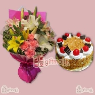 send gift of assorted lily and carnation flowers with half kg butter scotch cake
