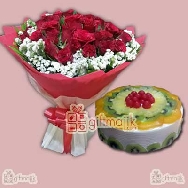 Send Beautiful bunch of 65 Red Roses with 1 kg Fresh Fruits Cake