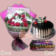 Send Mix Chocolates Pack with 25 Mix Roses bunch and Choco Vanilla Cake half kg