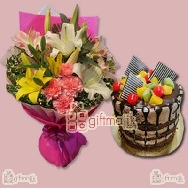 Send Assorted Lilies bunch with fruits Strawberry chocolate cake