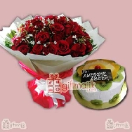 Buy Beautiful Bunch of 40 Rose Flowers and Fresh Fruit Delight Cake
