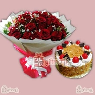 Buy 50 Roses bunch and half kg Fresh fruit cake
