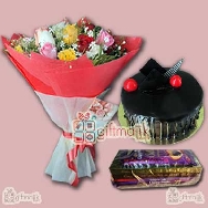 Mix Chocolates Pack with 25 Mix Roses bunch and Chocolate Truffle Cake half kg