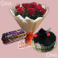 Small Red Roses bunch with half kg chocolate Truffle cake and chocolate pack