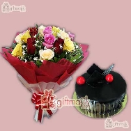 send chocolate truffle cake with mix roses bunch paper packed