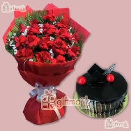 send chocolate truffle cake with arrangement of roses