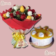 Send Beautiful paper packed bunch of mix roses with Pineapple Cake half kg