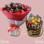 Beautiful Bunch of 40 Red Roses  with half kg Chocolate Strawberry Fresh fruits cake