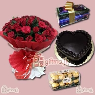 Beautiful bunch of 50 Red Roses with Chocolate Truffle cake heart shape and large chocolate pack