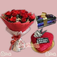 send red velvet cake with red roses and chocolates